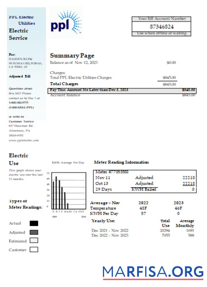 Blank PPL utility business bill, SCR real example
